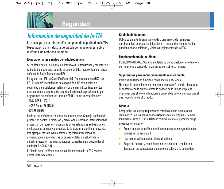 Información de seguridad de la tia, Seguridad | LG LGVX9800 User Manual | Page 178 / 196