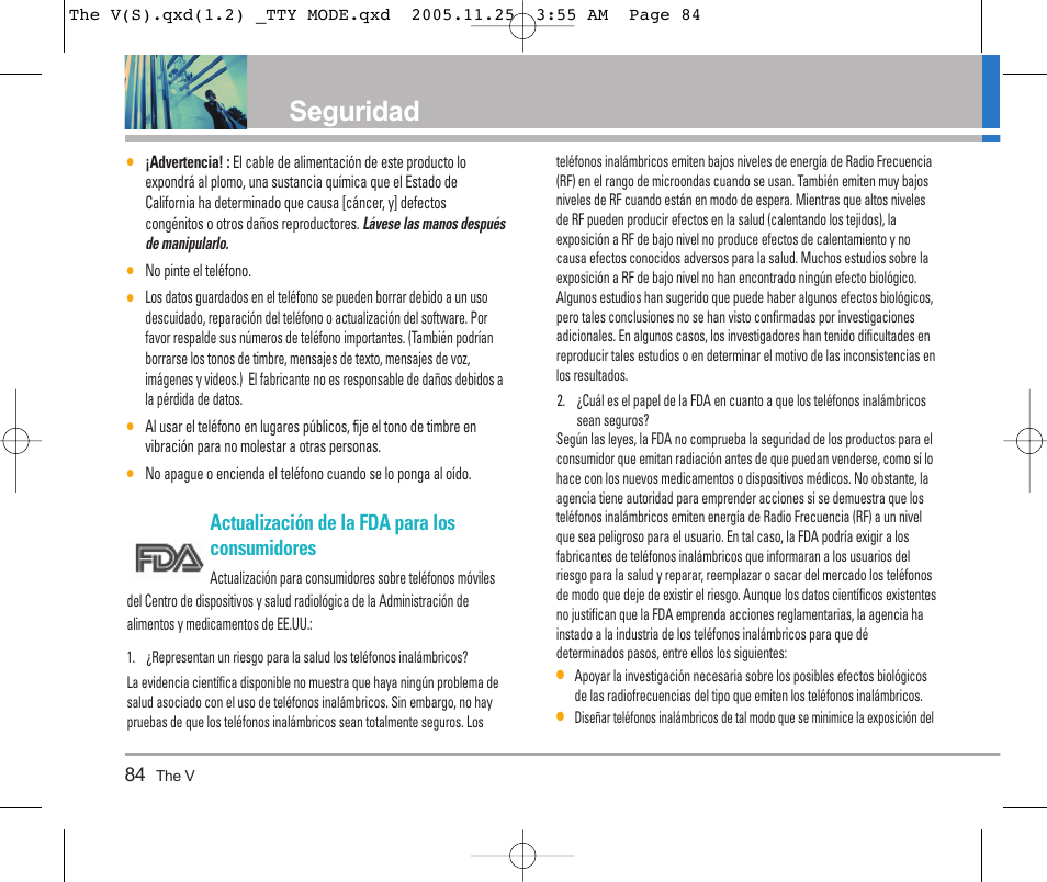 Seguridad, Actualización de la fda para los consumidores | LG LGVX9800 User Manual | Page 182 / 196