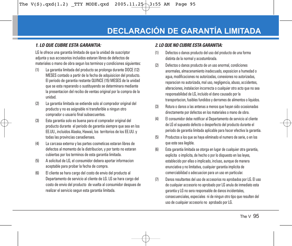 Declaración de garantía limitada | LG LGVX9800 User Manual | Page 193 / 196