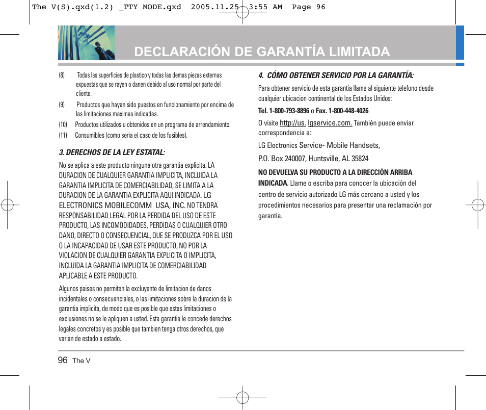 Declaración de garantía limitada | LG LGVX9800 User Manual | Page 194 / 196