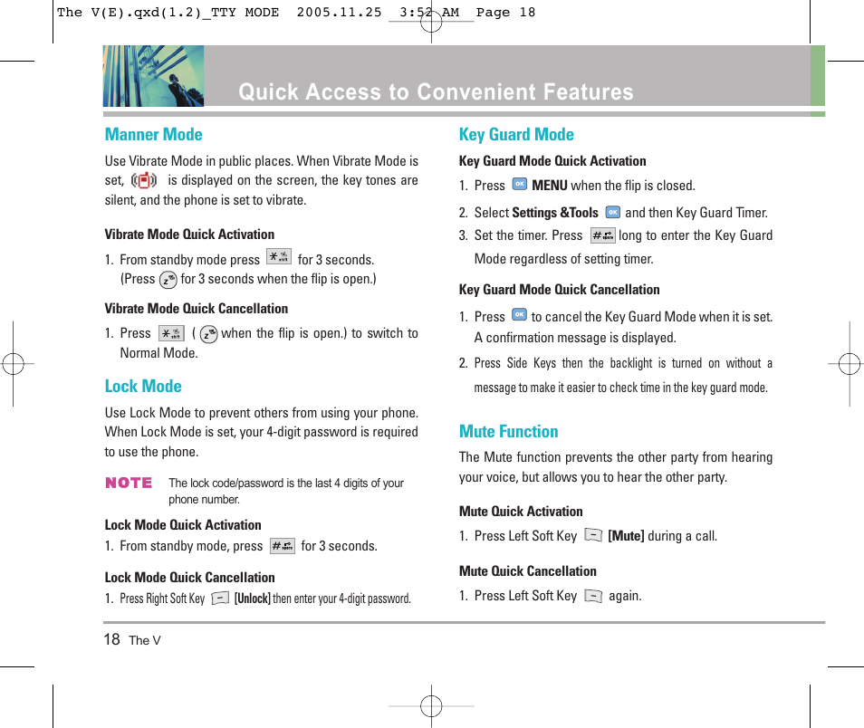 Quick access to convenient features, Manner mode, Lock mode | Key guard mode, Mute function | LG LGVX9800 User Manual | Page 20 / 196