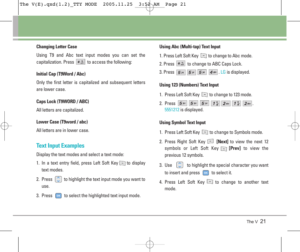 Text input examples | LG LGVX9800 User Manual | Page 23 / 196