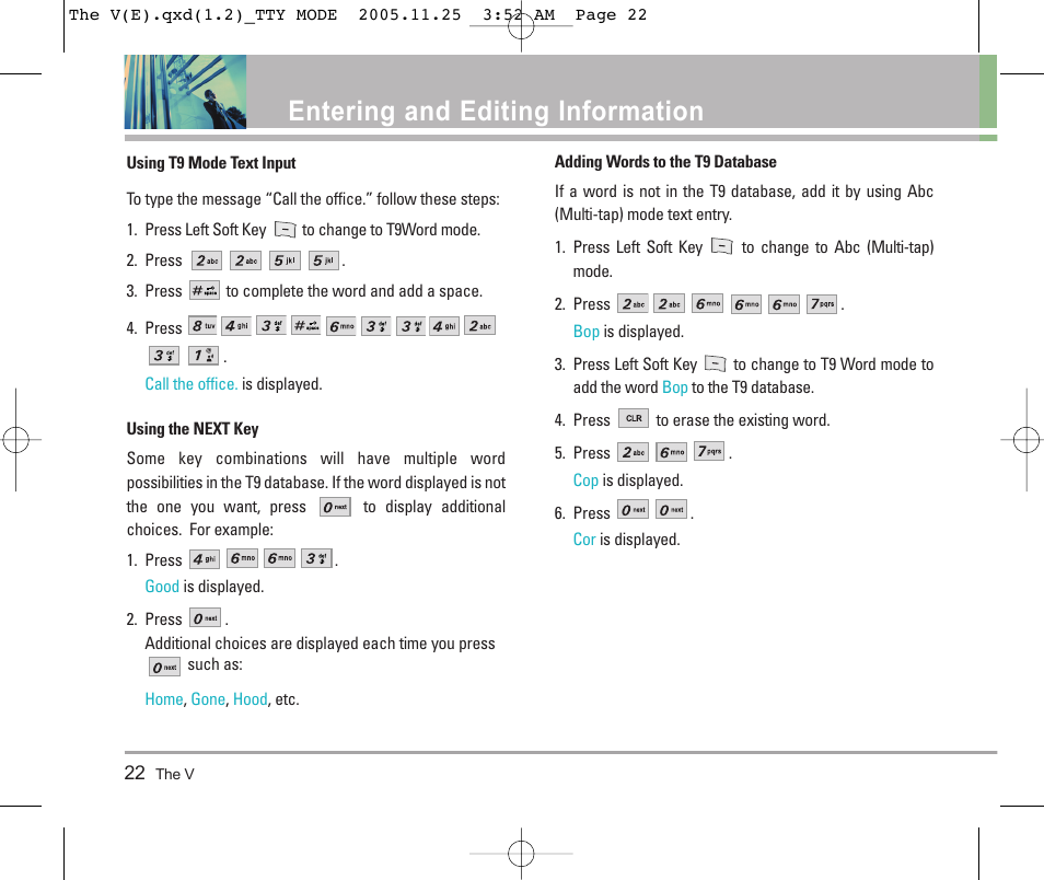 Entering and editing information | LG LGVX9800 User Manual | Page 24 / 196