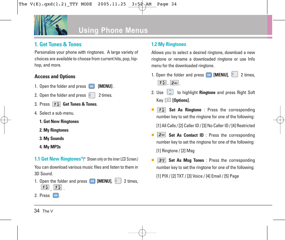 Using phone menus, Get tunes & tones | LG LGVX9800 User Manual | Page 36 / 196