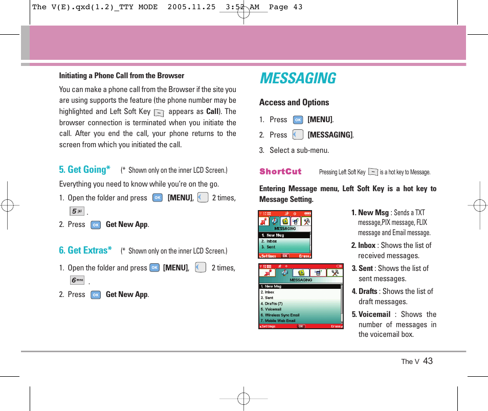 Messaging, Get going, Get extras | LG LGVX9800 User Manual | Page 45 / 196