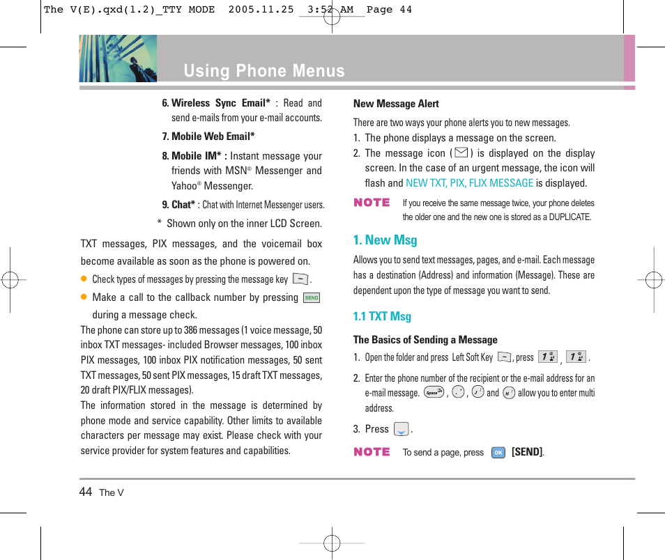 Using phone menus, New msg | LG LGVX9800 User Manual | Page 46 / 196