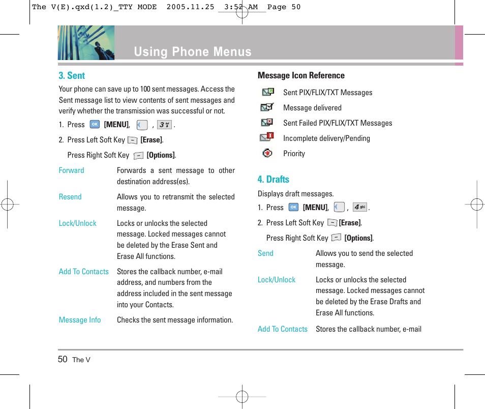 Using phone menus, Sent, Drafts | LG LGVX9800 User Manual | Page 52 / 196