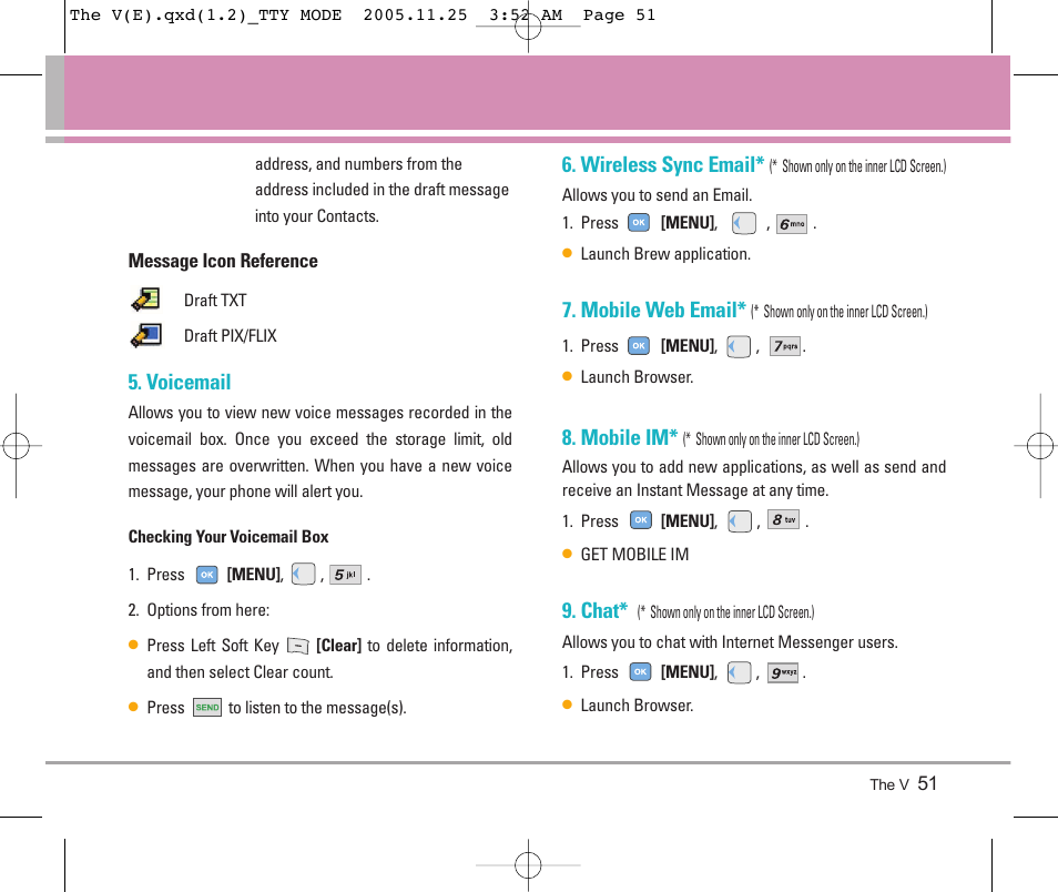 Voicemail, Wireless sync email, Mobile web email | Mobile im, Chat | LG LGVX9800 User Manual | Page 53 / 196