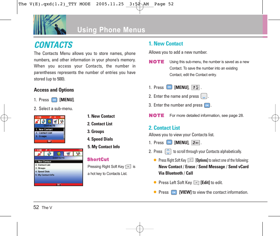 Contacts, Using phone menus, New contact | Contact list | LG LGVX9800 User Manual | Page 54 / 196