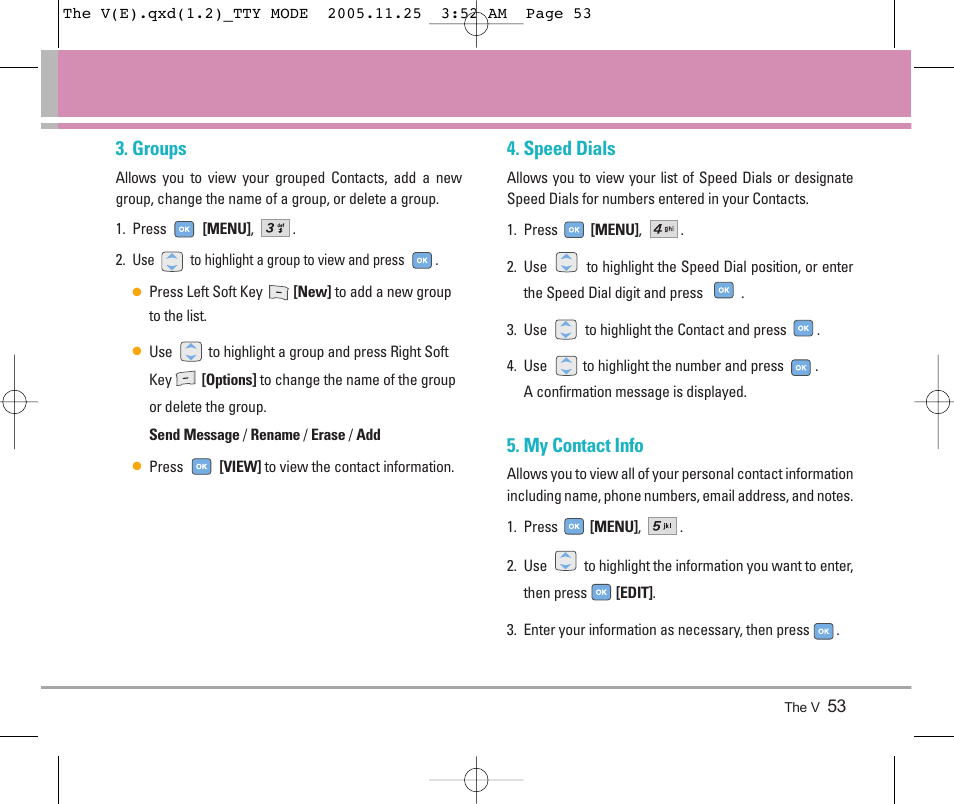 Groups, Speed dials, My contact info | LG LGVX9800 User Manual | Page 55 / 196