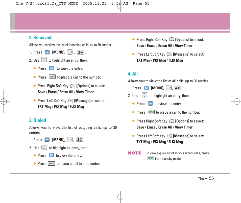 Received, Dialed | LG LGVX9800 User Manual | Page 57 / 196