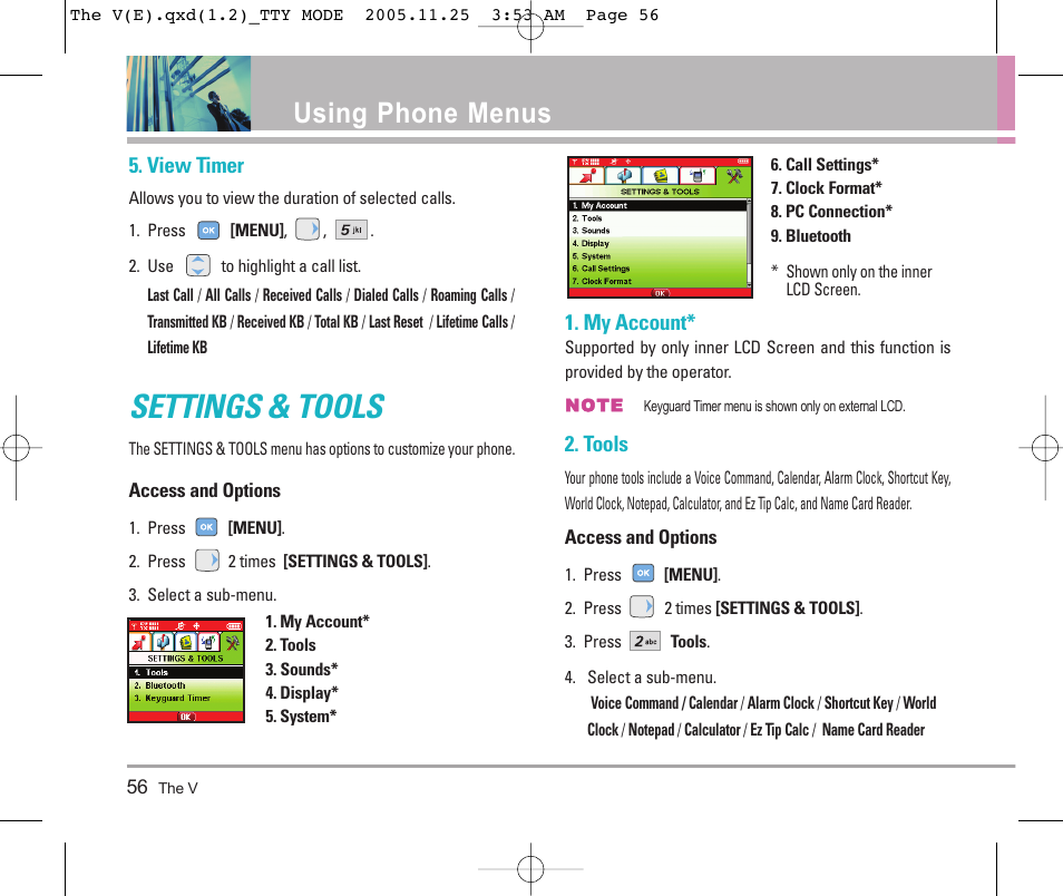 Settings & tools, Using phone menus | LG LGVX9800 User Manual | Page 58 / 196