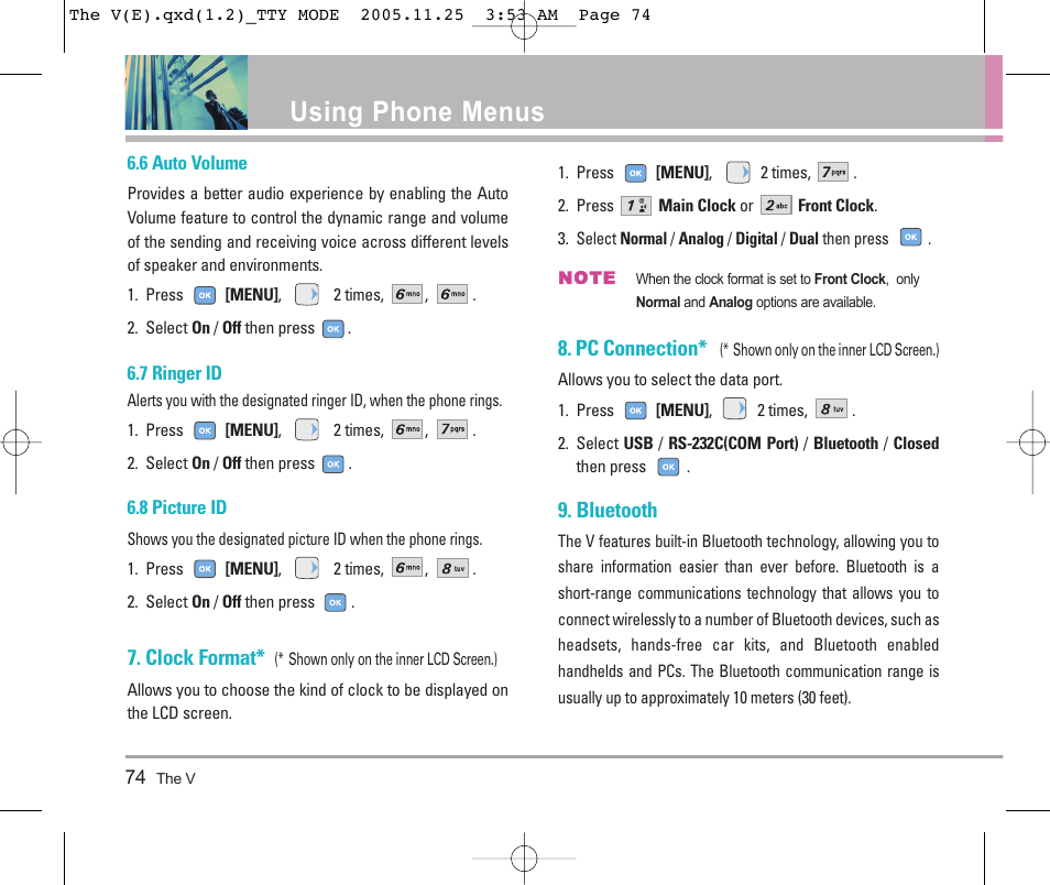 Using phone menus, Clock format, Pc connection | Bluetooth | LG LGVX9800 User Manual | Page 76 / 196