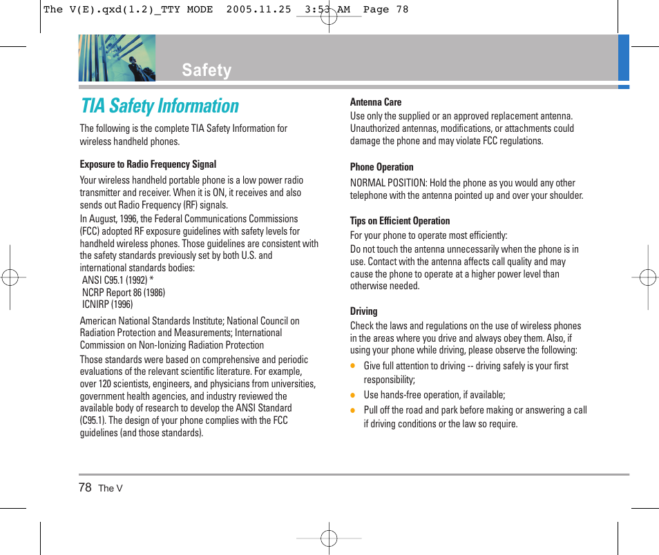 Tia safety information, Safety | LG LGVX9800 User Manual | Page 80 / 196