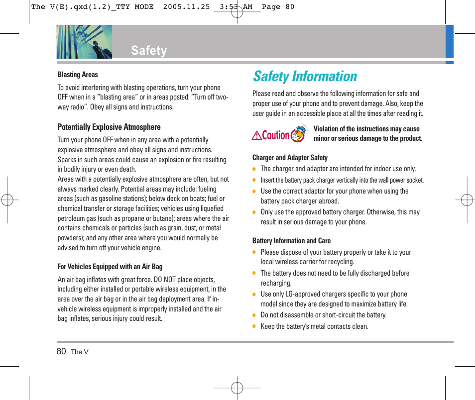 Safety information, Safety, Caution | LG LGVX9800 User Manual | Page 82 / 196