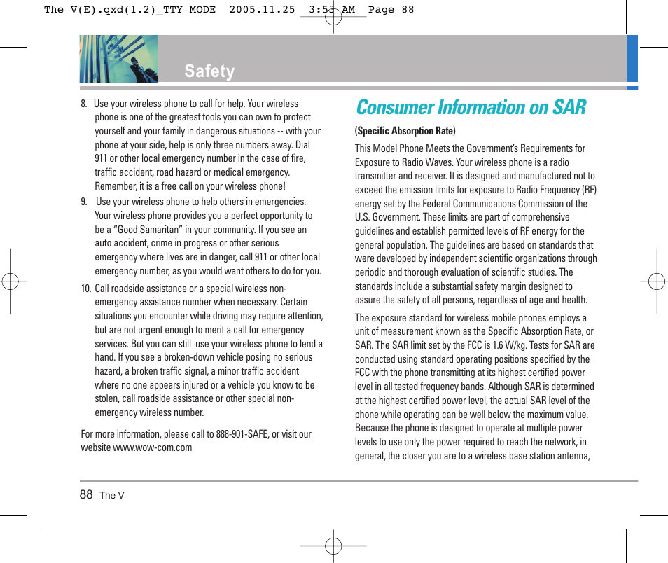 Consumer information on sar, Safety | LG LGVX9800 User Manual | Page 90 / 196