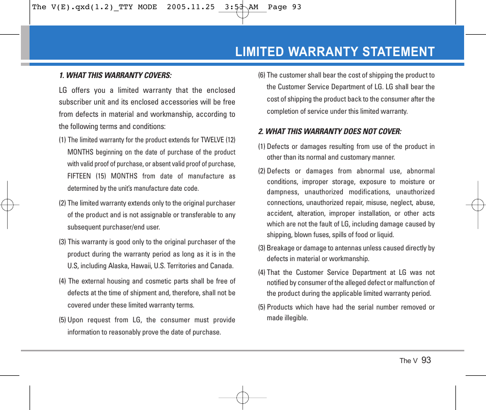 Limited warranty statement | LG LGVX9800 User Manual | Page 95 / 196