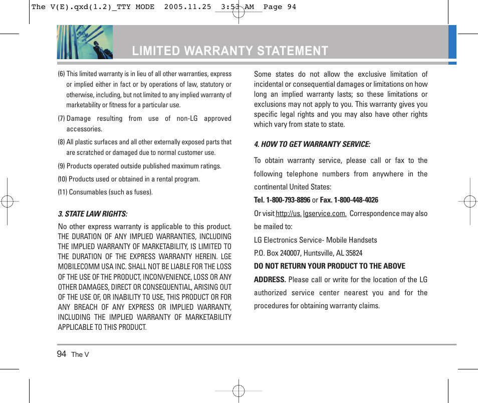 Limited warranty statement | LG LGVX9800 User Manual | Page 96 / 196