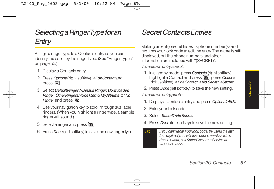 Selecting a ringertype foran entry, Secret contacts entries | LG LX400 User Manual | Page 101 / 180