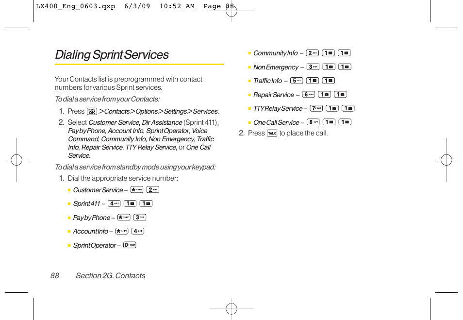 Dialing sprint services | LG LX400 User Manual | Page 102 / 180