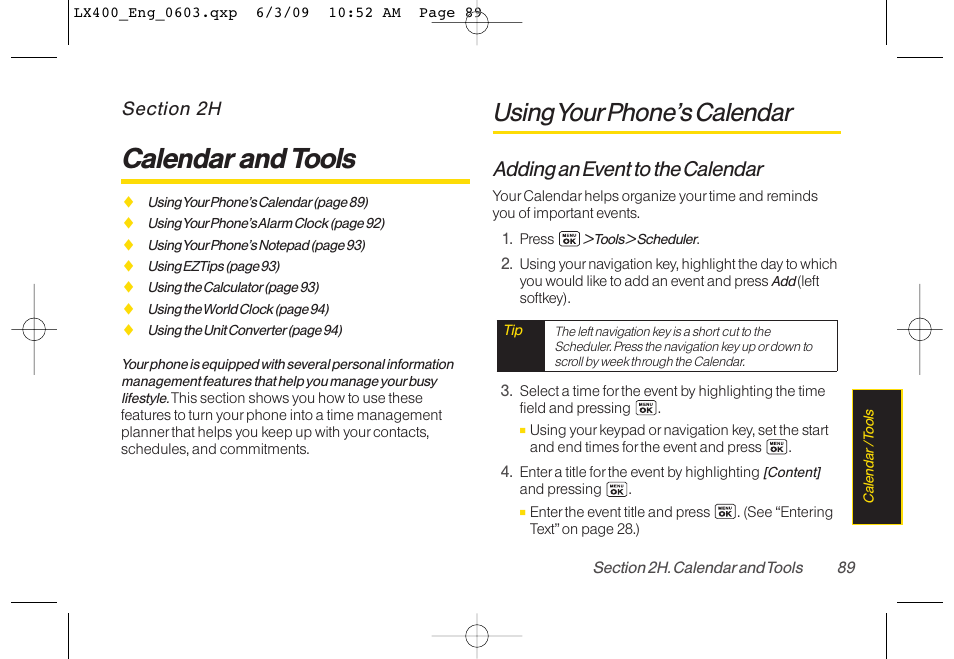 Calendar and tools, Using yourphone’s calendar, Adding an event to the calendar | LG LX400 User Manual | Page 103 / 180