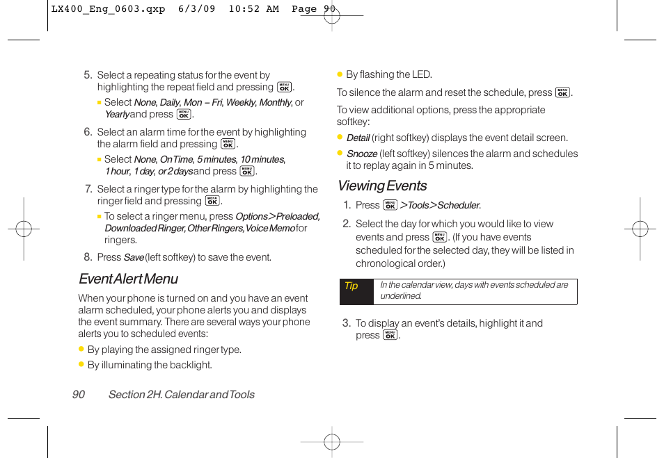 Event alert menu, Viewing events | LG LX400 User Manual | Page 104 / 180