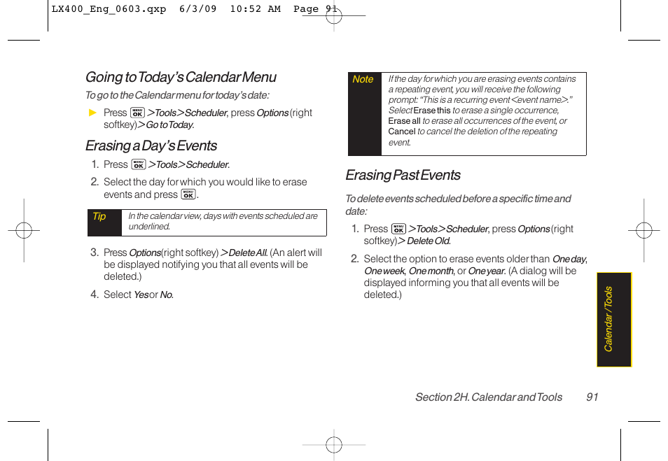 Going to today’s calendarmenu, Erasing a day’s events, Erasing past events | LG LX400 User Manual | Page 105 / 180