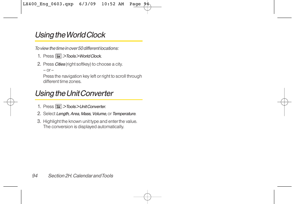 Using the world clock, Using the unit converter | LG LX400 User Manual | Page 108 / 180