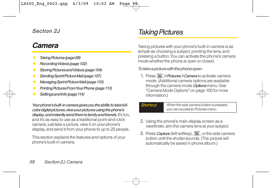 Camera, Taking pictures | LG LX400 User Manual | Page 112 / 180