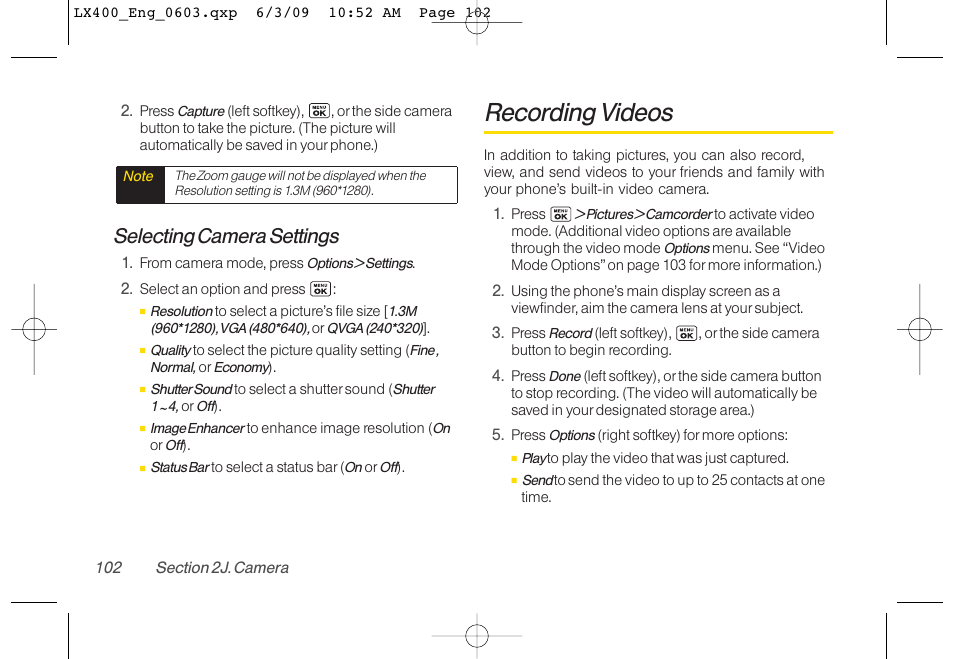 Recording videos, Selecting camera settings | LG LX400 User Manual | Page 116 / 180