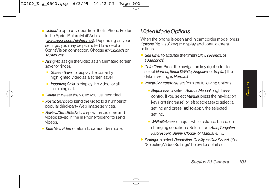 Video mode options | LG LX400 User Manual | Page 117 / 180