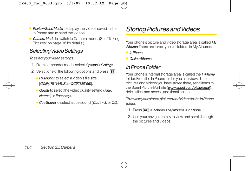 Storing pictures and videos, Selecting video settings | LG LX400 User Manual | Page 118 / 180