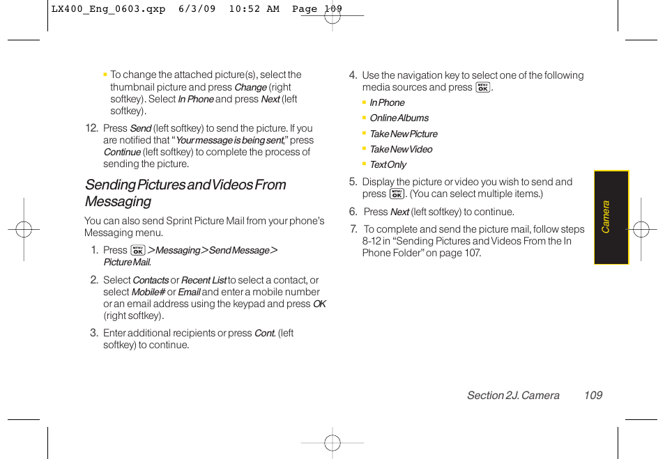 Sending pictures and videos from messaging | LG LX400 User Manual | Page 123 / 180