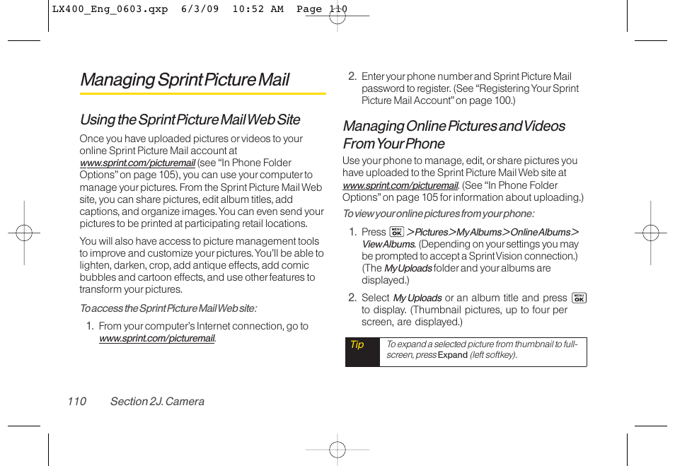 Managing sprint picture mail, Using the sprint picture mail web site, Managing online pictures and videos from yourphone | LG LX400 User Manual | Page 124 / 180