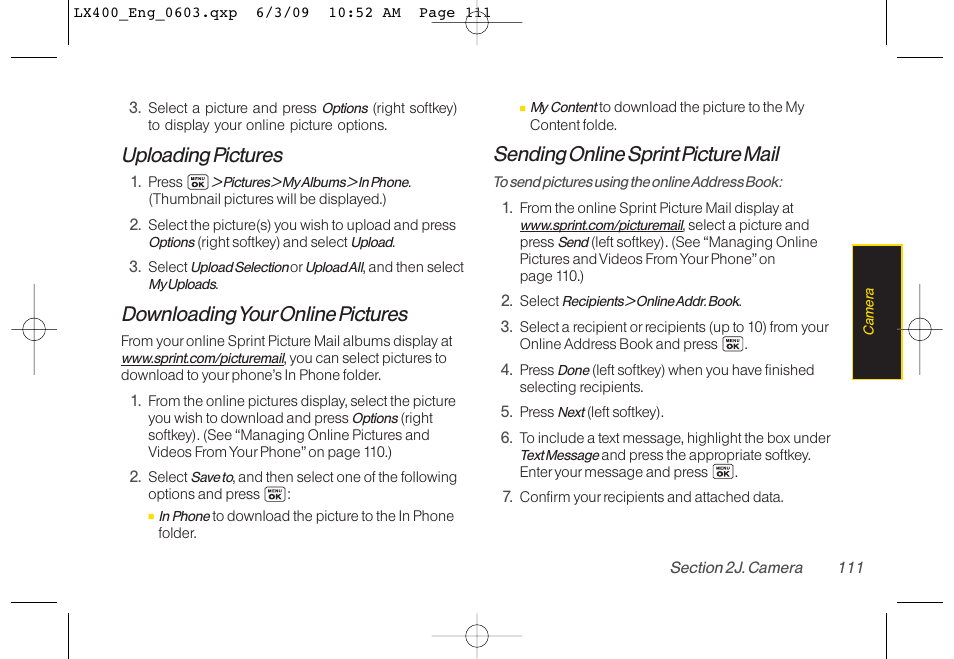 Uploading pictures, Downloading youronline pictures, Sending online sprint picture mail | LG LX400 User Manual | Page 125 / 180