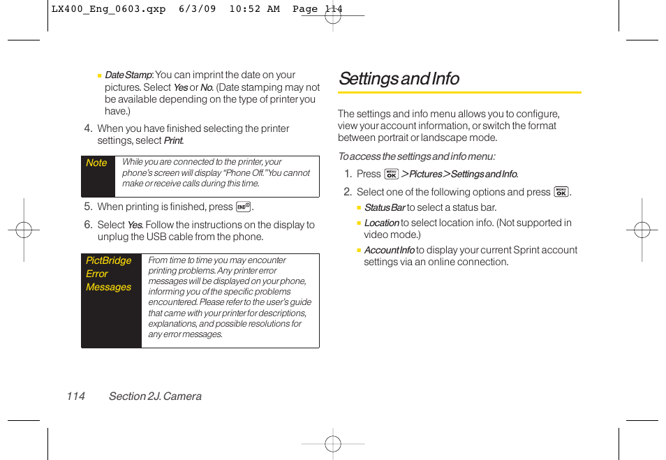 Settings and info | LG LX400 User Manual | Page 128 / 180