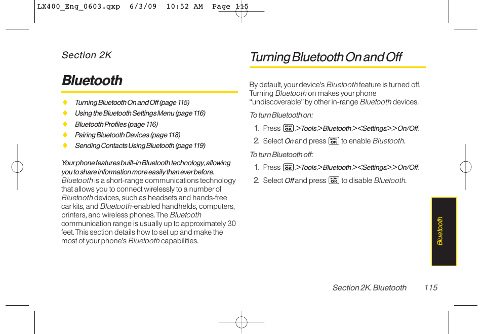 Bluetooth, Turning bluetooth on and off | LG LX400 User Manual | Page 129 / 180