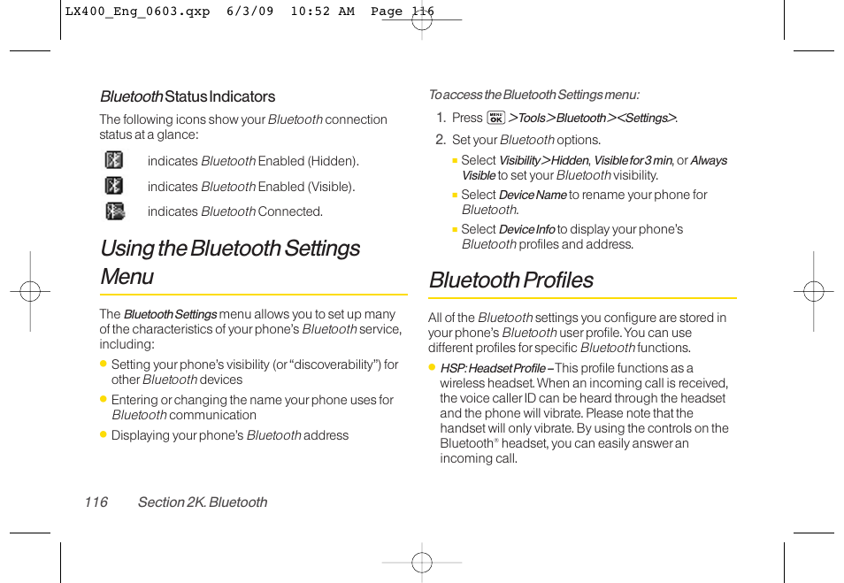 Using the bluetooth settings menu, Bluetooth profiles | LG LX400 User Manual | Page 130 / 180