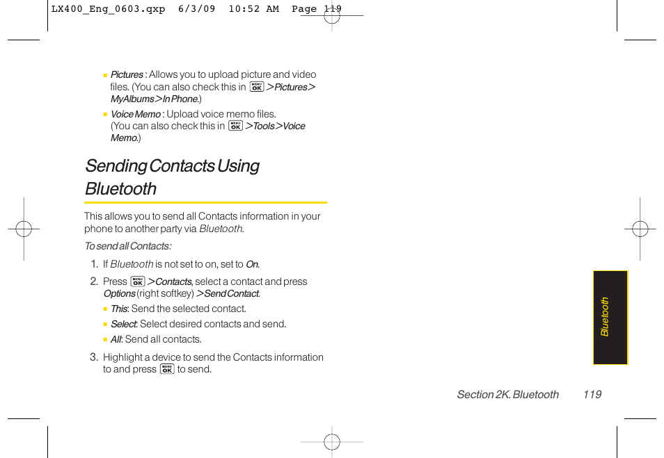 Sending contacts using bluetooth | LG LX400 User Manual | Page 133 / 180