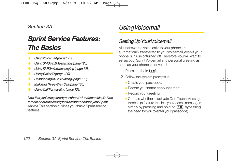 Sprint service features: the basics, Using voicemail, Setting upyourvoicemail | LG LX400 User Manual | Page 136 / 180