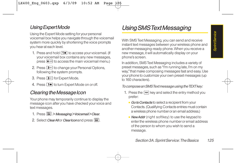 Using sms text messaging, Using expert mode, Clearing the message icon | LG LX400 User Manual | Page 139 / 180