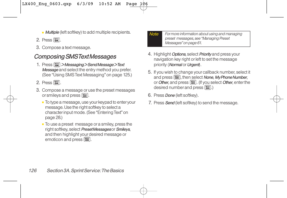 Composing sms text messages | LG LX400 User Manual | Page 140 / 180