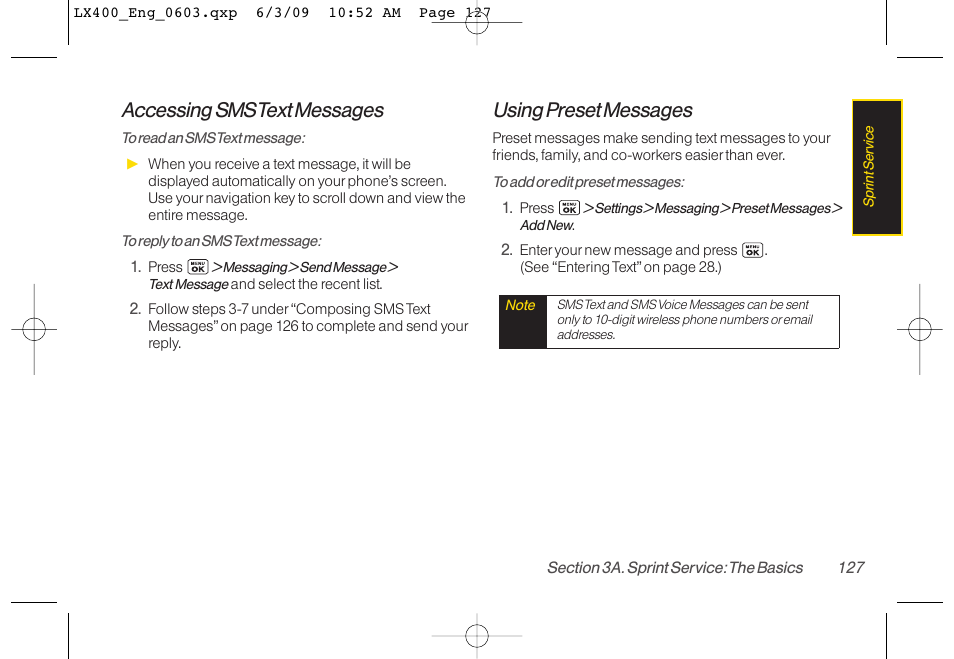 Accessing sms text messages, Using preset messages | LG LX400 User Manual | Page 141 / 180