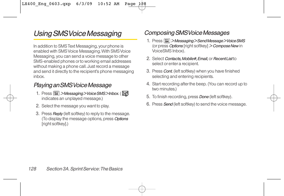 Using sms voice messaging, Playing an sms voice message, Composing sms voice messages | LG LX400 User Manual | Page 142 / 180