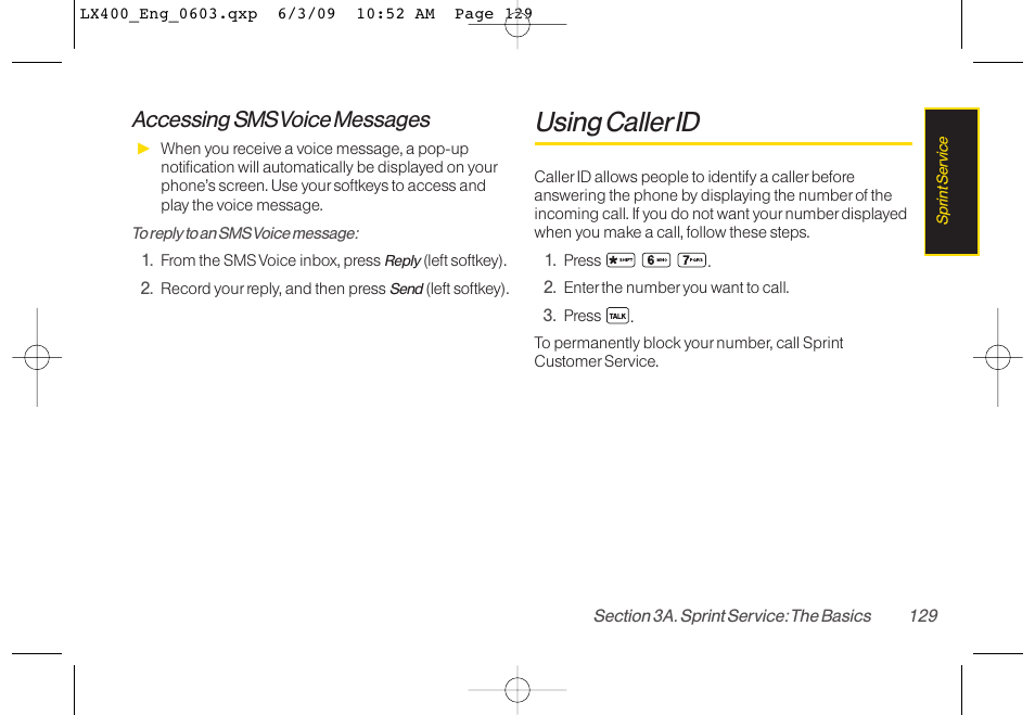 Using callerid, Accessing sms voice messages | LG LX400 User Manual | Page 143 / 180