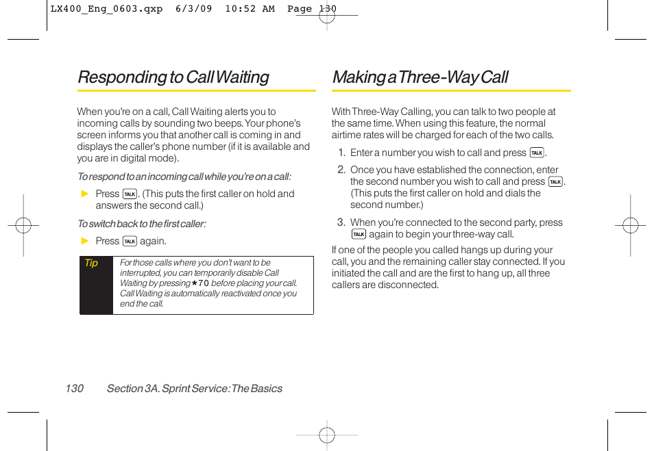 Responding to call waiting, Making a three-way call | LG LX400 User Manual | Page 144 / 180
