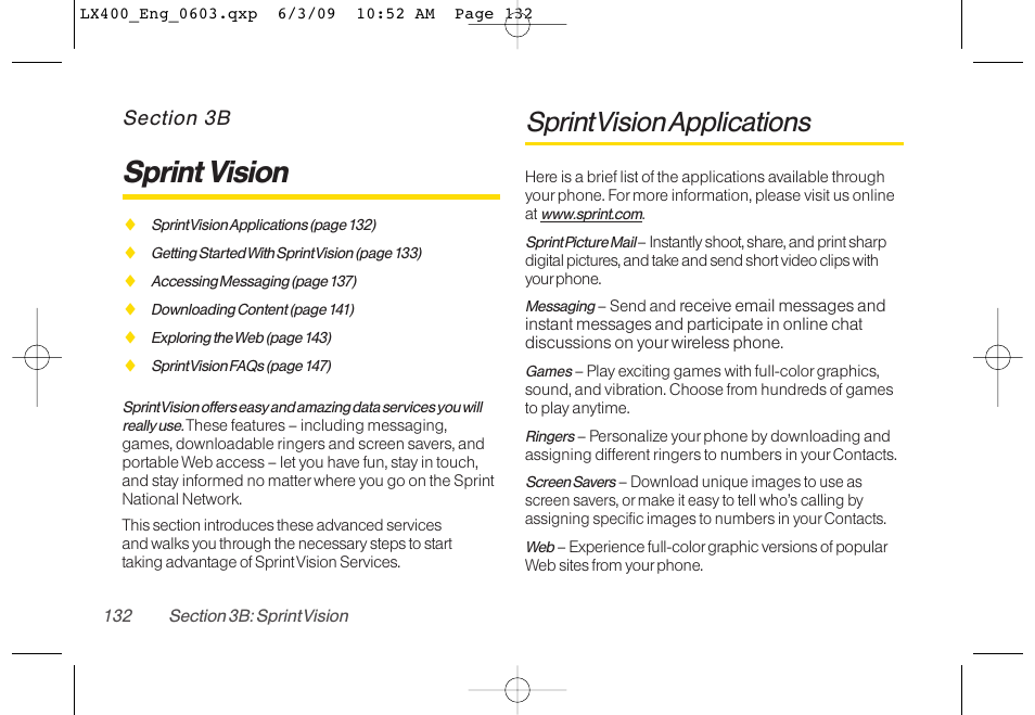 Sprint vision, Sprint vision applications | LG LX400 User Manual | Page 146 / 180