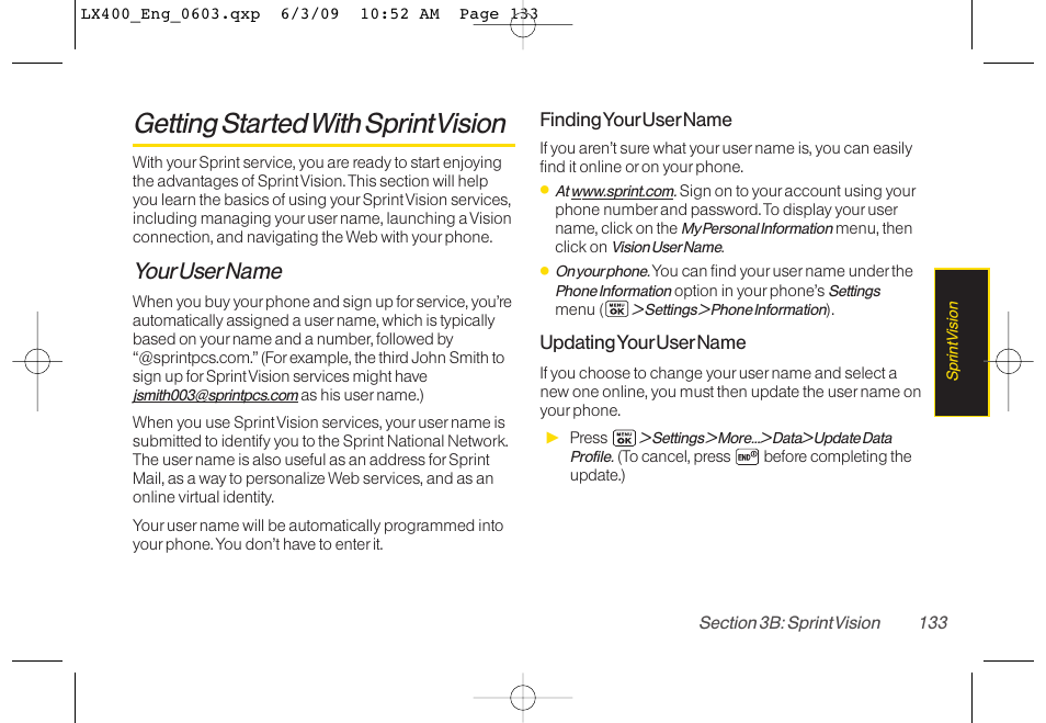 Getting startedwith sprint vision, Yourusername | LG LX400 User Manual | Page 147 / 180