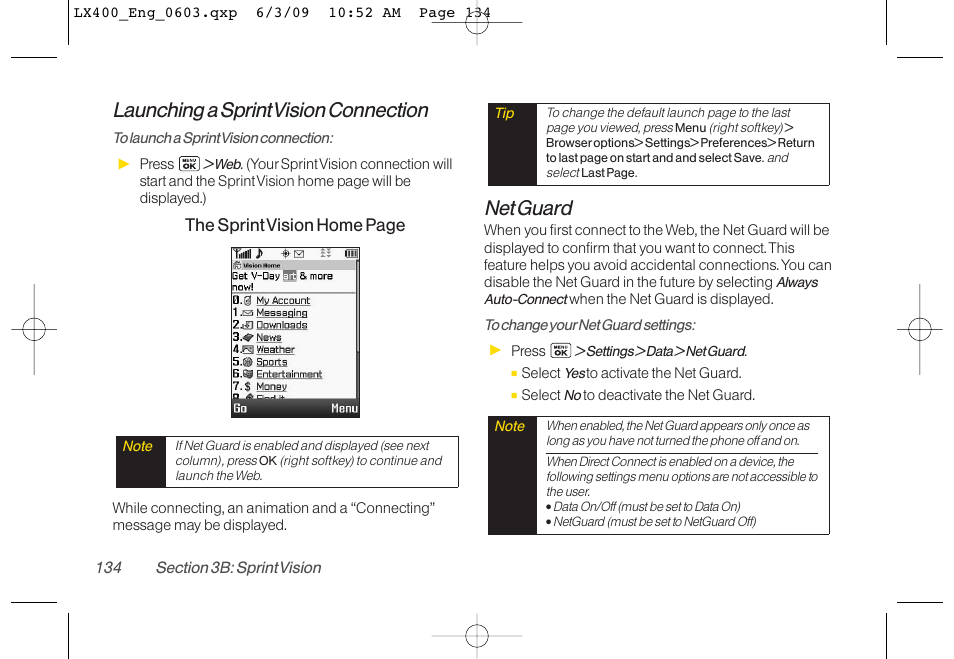 Launching a sprint vision connection, Net guard | LG LX400 User Manual | Page 148 / 180