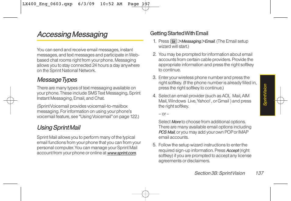 Accessing messaging, Message types, Using sprint mail | LG LX400 User Manual | Page 151 / 180